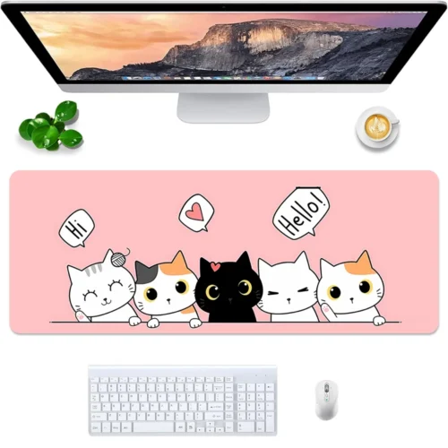 Extended Large Pink Cute Kittens Cat Gaming Mouse Pad  Non Slip Rubber Base Mousepad with Stitched Edges Desk Pad