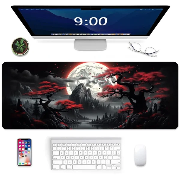 Lunar Eclipse Gaming Mouse Pad  Ink Style Scenic Mounta Gaming Mousepads with Stitched Edges Desk Mat 80   90   100cm
